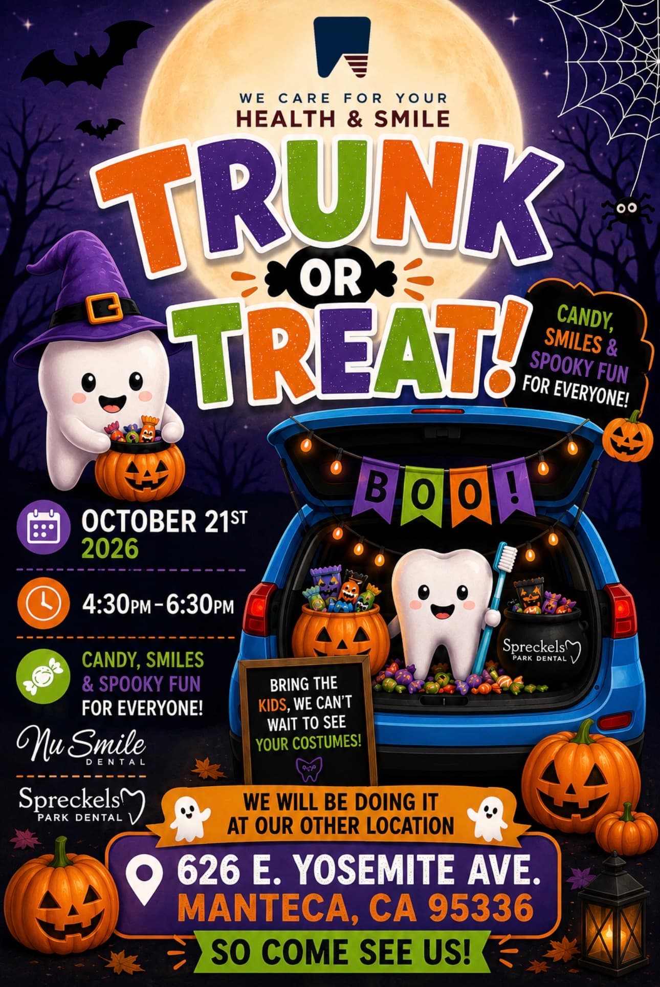 Nu Smile Dental Trunk or Treat Halloween event flyer